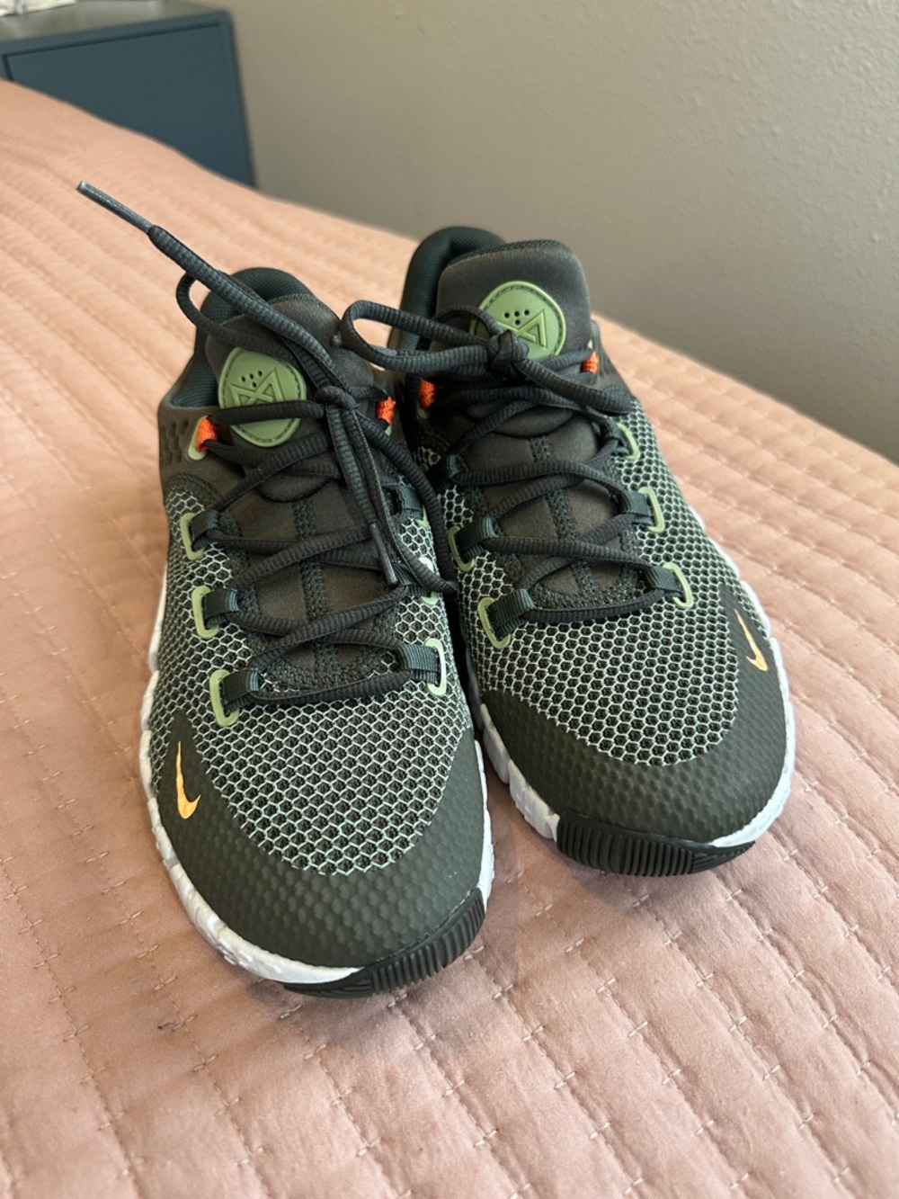 Nike METCON Olive Green Mesh Sneakers with Orange Accents